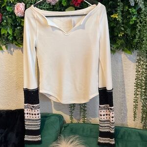 We The Free Cream Long Sleeve Top with Patterned Black & Cream Bell Cuffs
